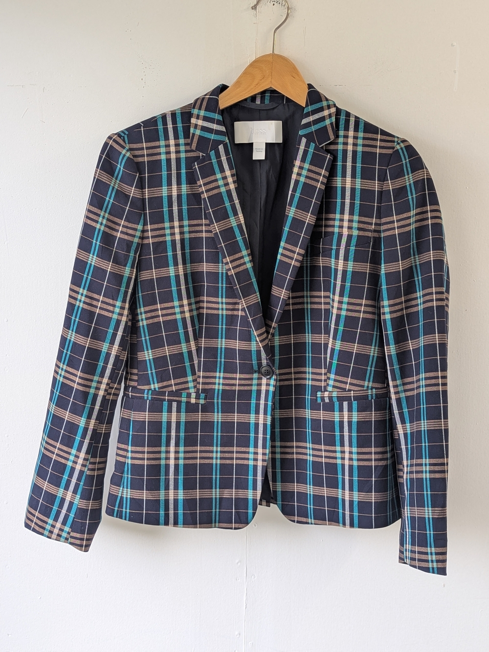 BOSS Hugo Boss Jilesa Plaid Blazer Jacket Blue Tan Teal Cotton Blend Size 4